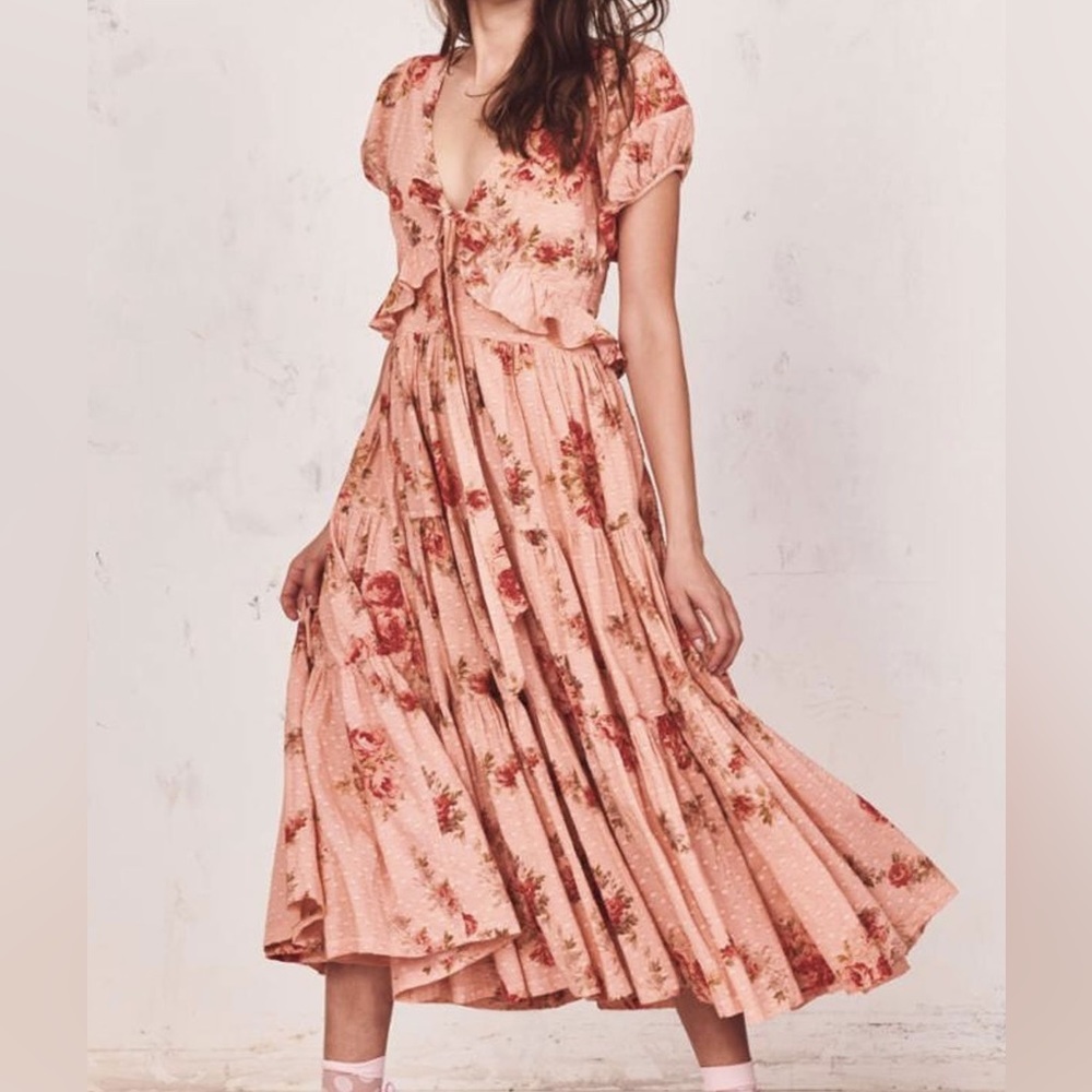 Love Shack Fancy Floral Carlton Midi Dress Pink Lemonade Size 2